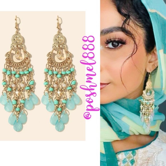 Exquisitely Exotic Hand Beaded Chandelier Earrings Blue, Green & Gold - Picture 1 of 9